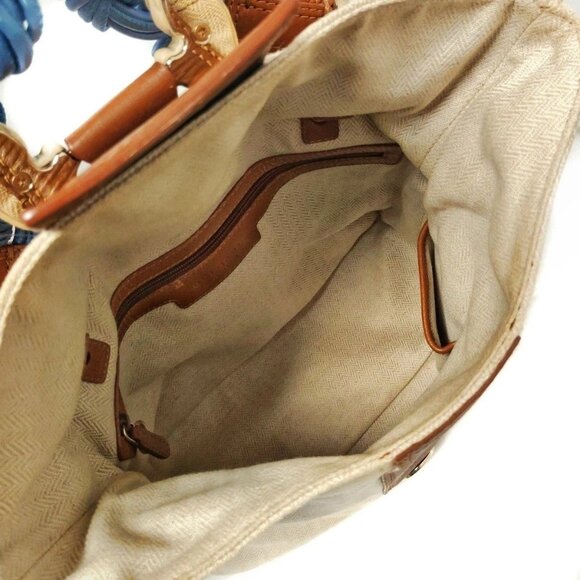 Auth BVLGARI Leoni Cream Brown Light Blue Canvas Leather Handbag - Picture 9 of 9